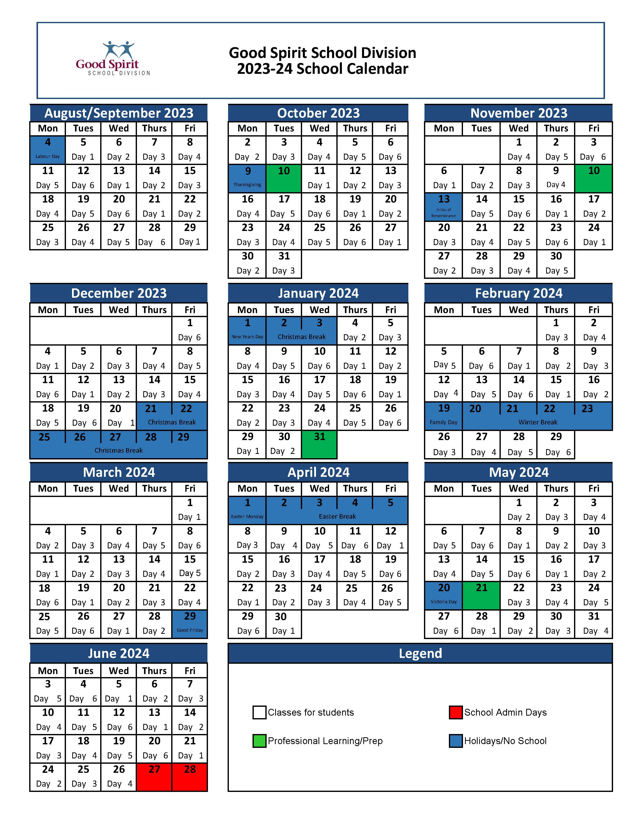 School Year Calendars Good Spirit School Division